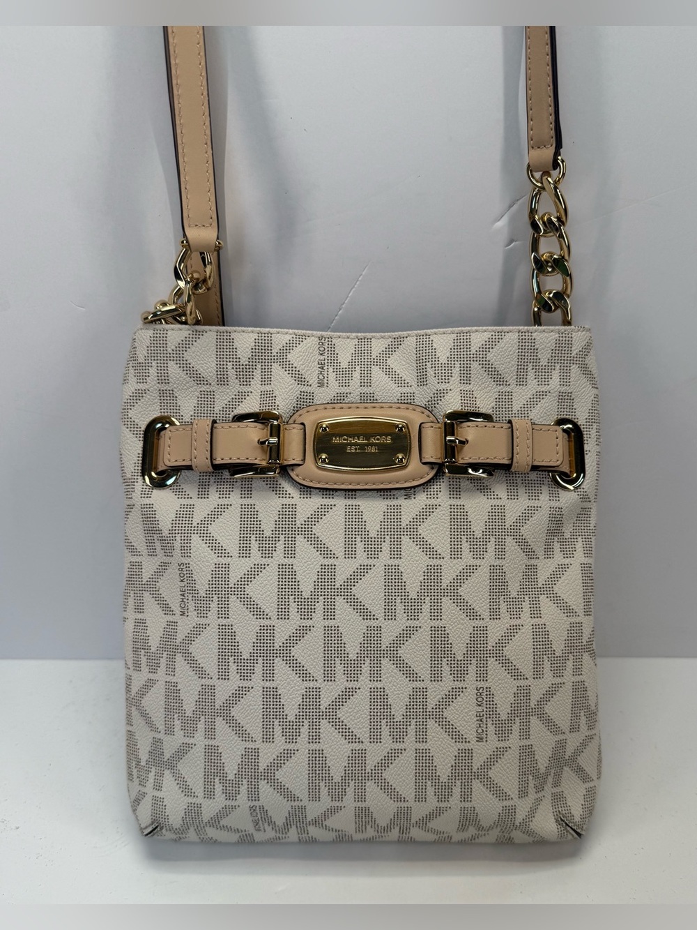 Michael Kors Hamilton Vanilla Cream/Tan Signature MK Crossbody Messenger Bag